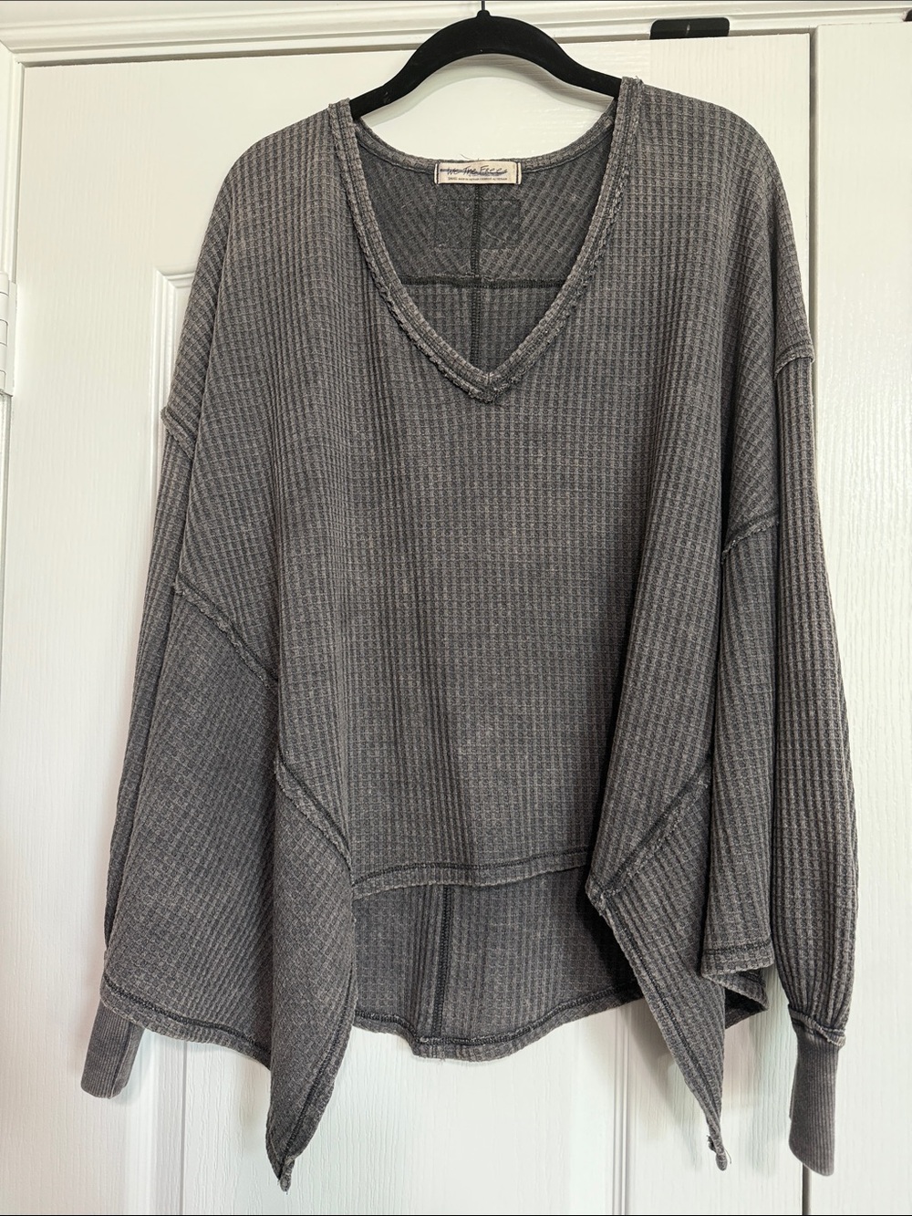 We The Free Oversized Charcoal Waffle V-Neck Sweater